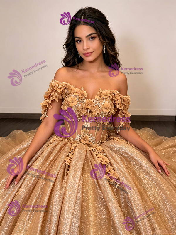Gold Sequins Appliques Quinceanera Dress