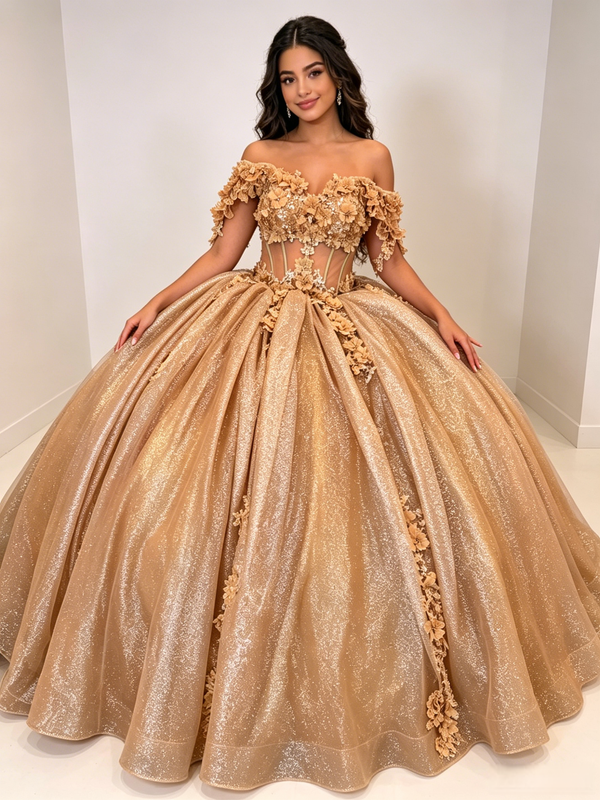 Gold Sequins Appliques Quinceanera Dress
