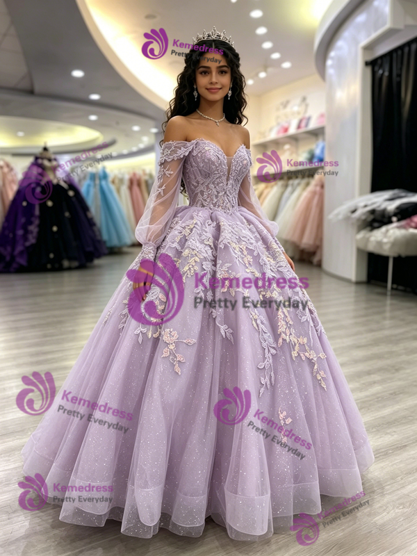 Purple Tulle Off The Shoulder Appliques Quinceanera Dress