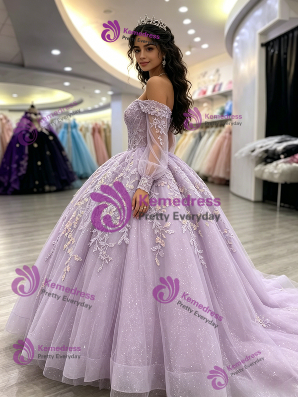 Purple Tulle Off The Shoulder Appliques Quinceanera Dress