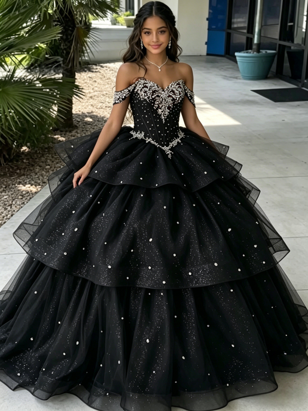 Black Tuller Off The Shoulder Beading Quinceanera Dress