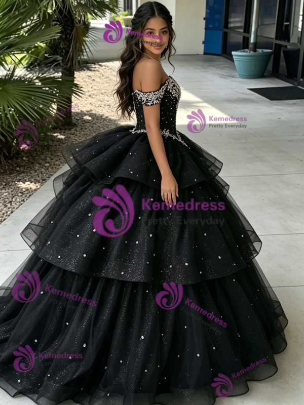 Black Tuller Off The Shoulder Beading Quinceanera Dress