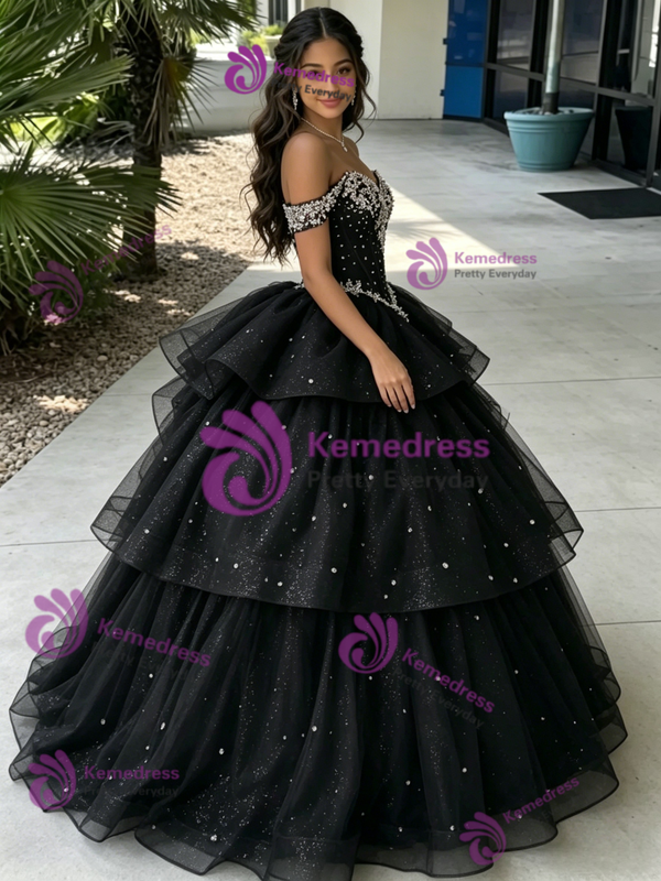 Black Tuller Off The Shoulder Beading Quinceanera DressBlack Tuller Off The Shoulder Beading Quinceanera Dress
