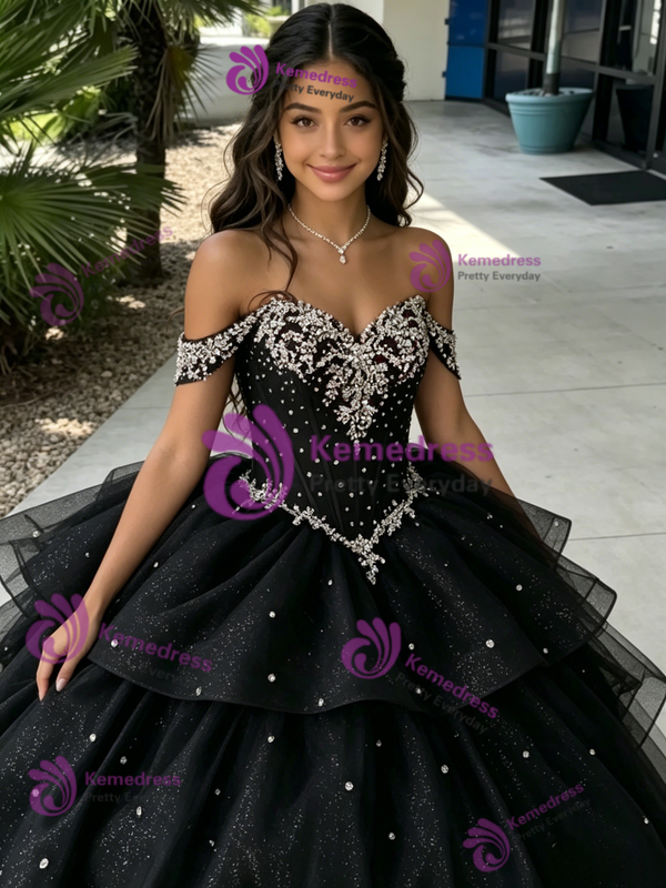 Black Tuller Off The Shoulder Beading Quinceanera Dress