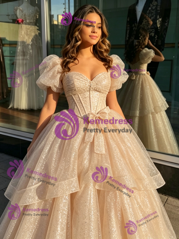 Simple Champagne Sequins Puff Sleeve Quinceanera Dress