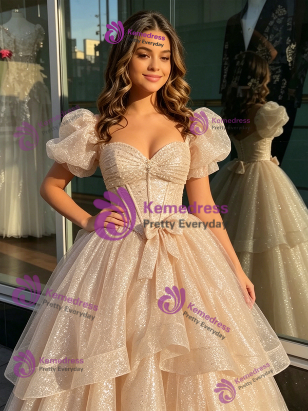 Simple Champagne Sequins Puff Sleeve Quinceanera Dress