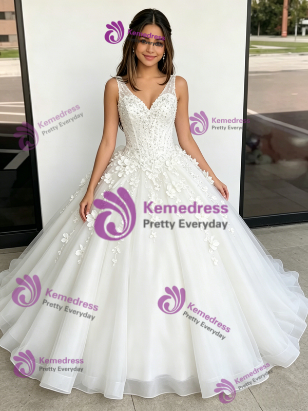 White Tulle V-neck Appliques Quinceanera Dress