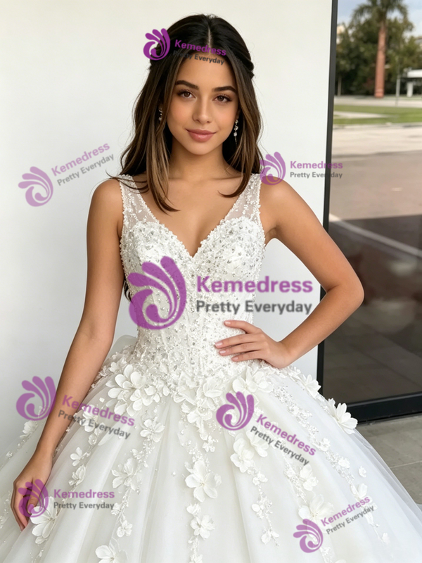 White Tulle V-neck Appliques Quinceanera Dress