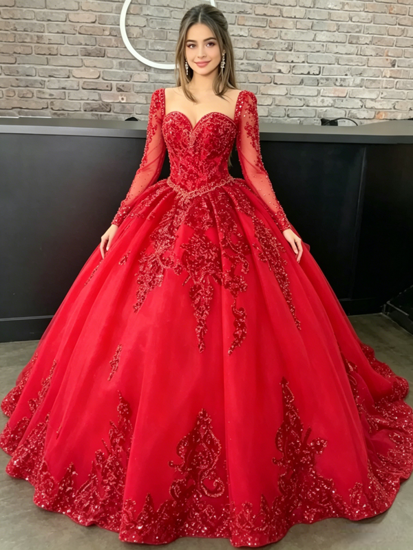 Red Long Sleeve Tulle Appliques Quinceanera Dress