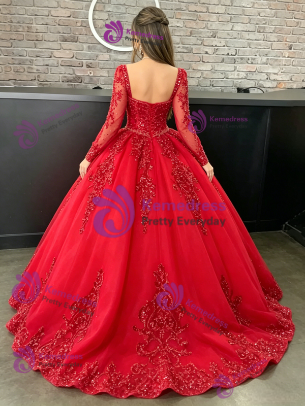 Red Long Sleeve Tulle Appliques Quinceanera Dress