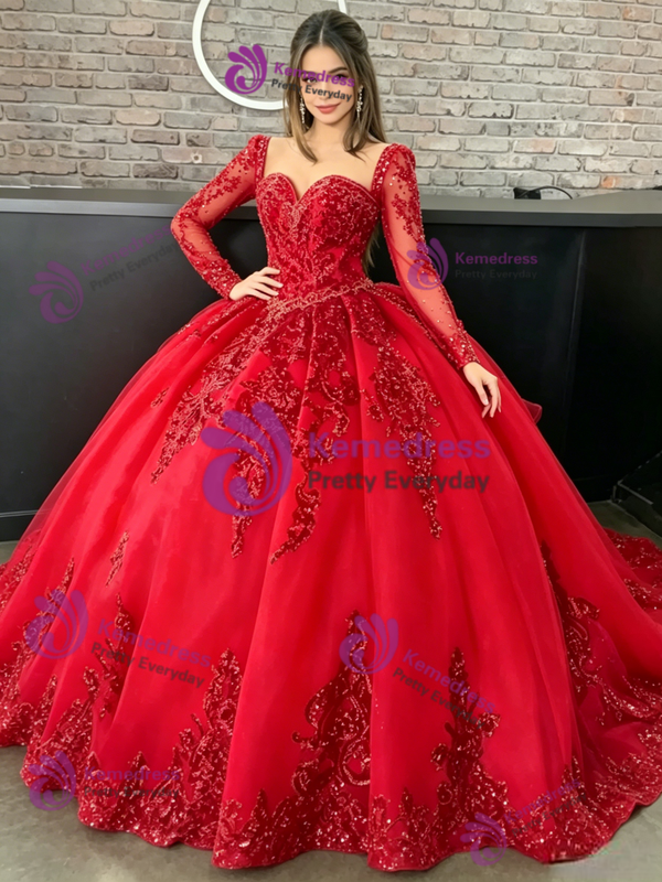 Red Long Sleeve Tulle Appliques Quinceanera Dress