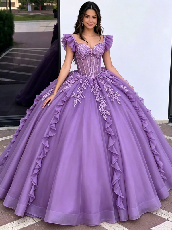 Purple Tulle Straps Lace Appliques Quinceanera Dress