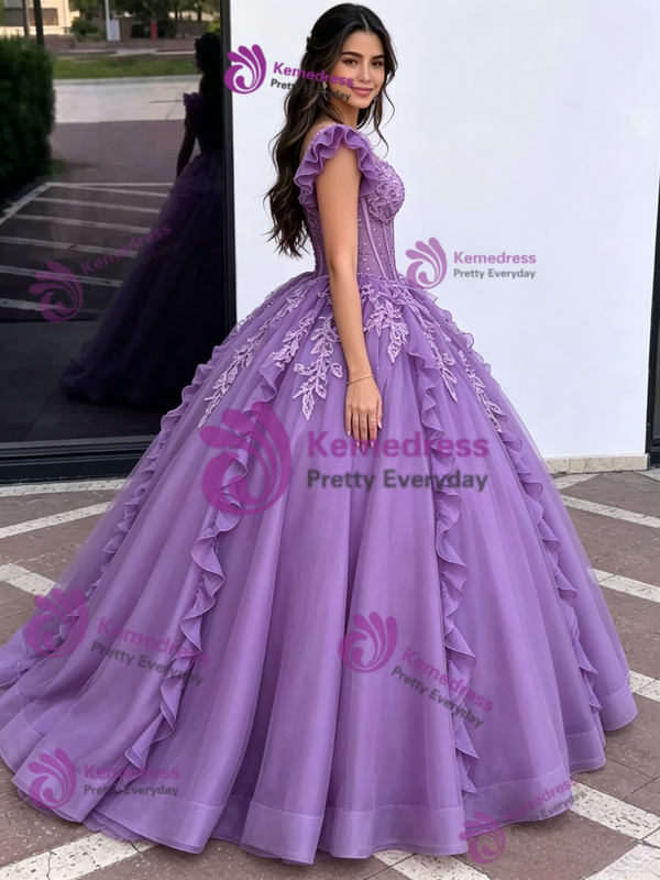 Purple Tulle Straps Lace Appliques Quinceanera Dress
