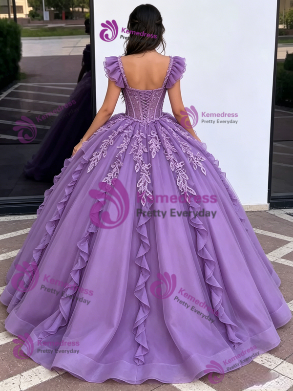 Purple Tulle Straps Lace Appliques Quinceanera Dress