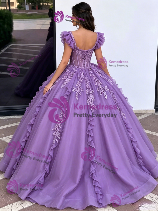 Purple Tulle Straps Lace Appliques Quinceanera Dress