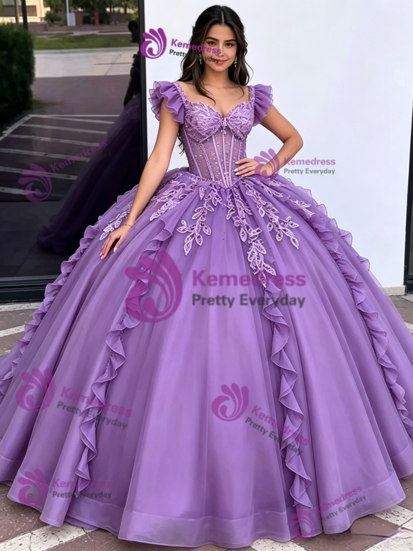Purple Tulle Straps Lace Appliques Quinceanera Dress