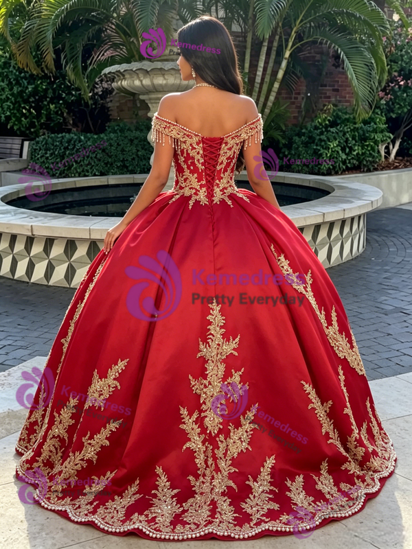 Red Tulle Off The Shoulder Appliques Quinceanera Dress