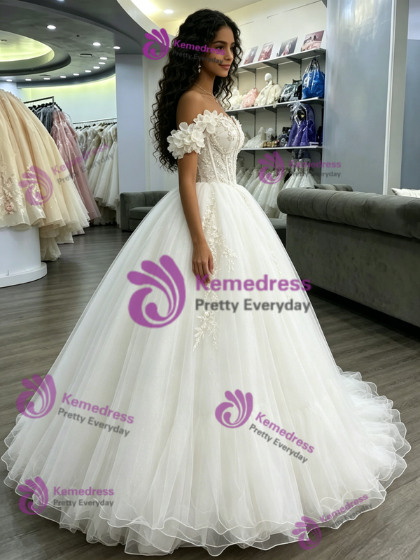 White Tulle Appliques Off the Shoulder Quinceanera Dress