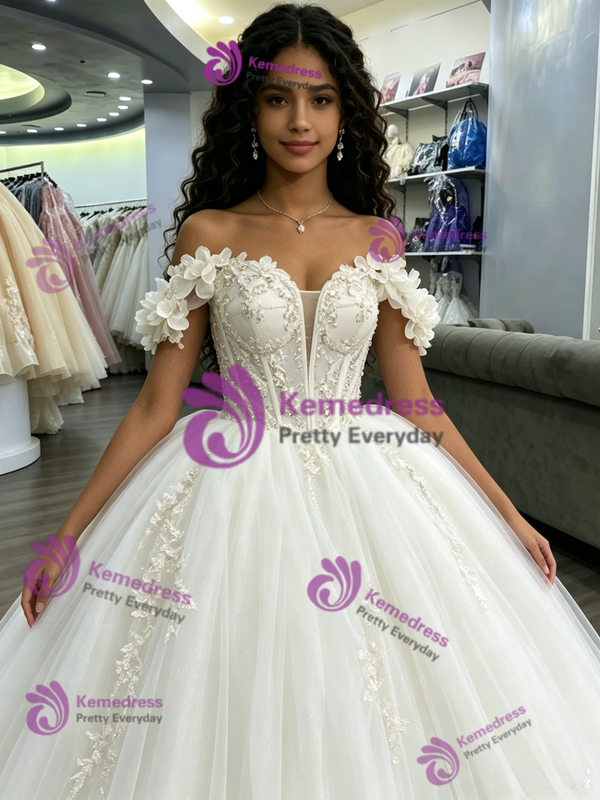 White Tulle Appliques Off the Shoulder Quinceanera Dress