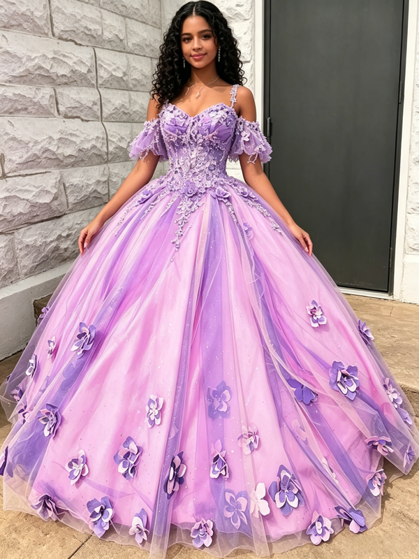Purple Tulle Off The Shoulder 3D Flower Quinceanera Dress
