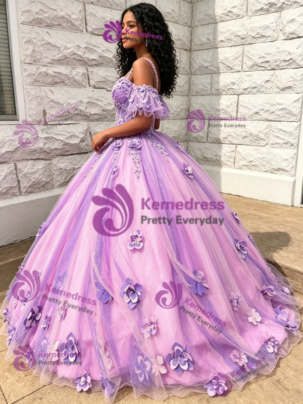 Purple Tulle Off The Shoulder 3D Flower Quinceanera Dress