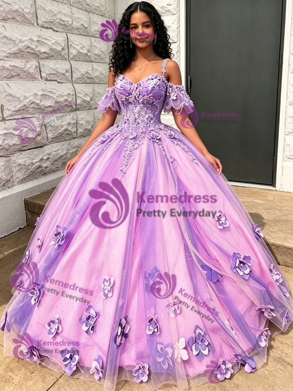 Purple Tulle Off The Shoulder 3D Flower Quinceanera Dress