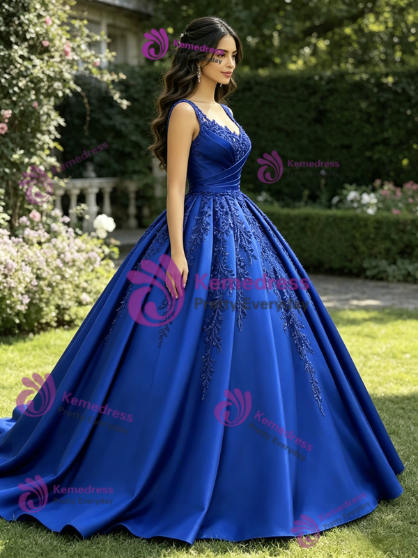 Royal Blue Satin Straps Appliques Quinceanera Dress