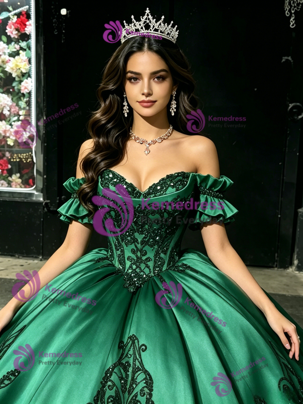 Green Satin Appliques Off the Shoulder Quinceanera Dress