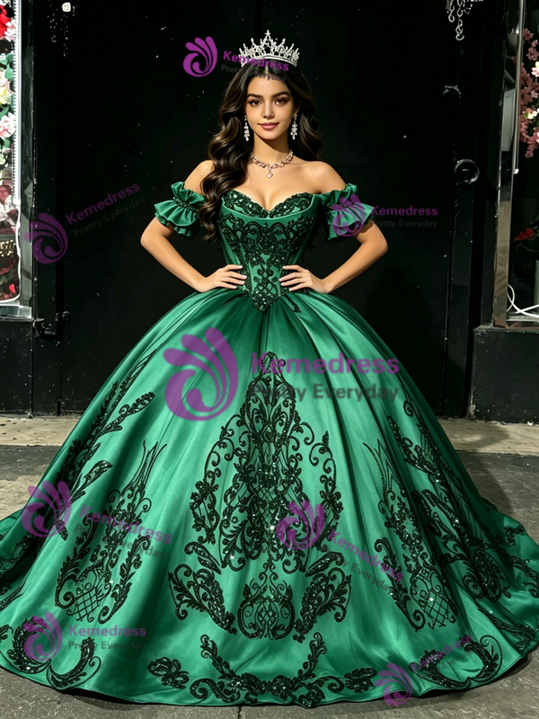 Green Satin Appliques Off the Shoulder Quinceanera Dress