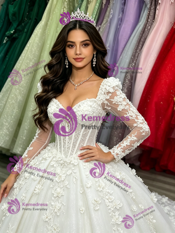 White Tulle Long Sleeve 3D Appliques Quinceanera Dress