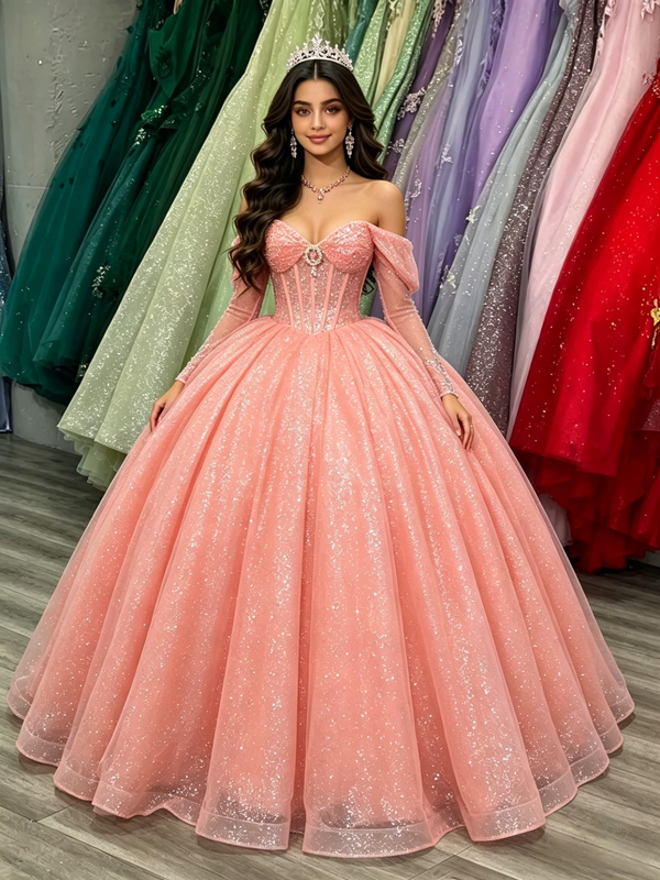 Pink Tulle Sequins Long Sleeve Quinceanera Dress