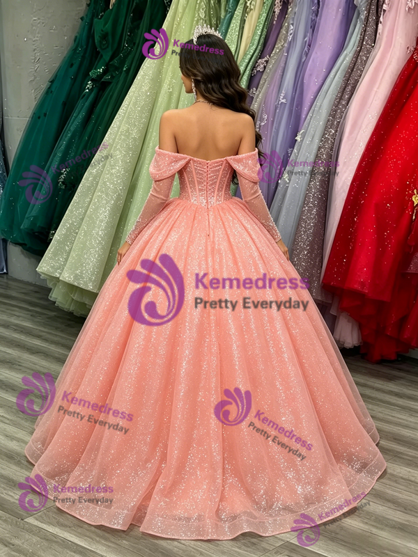 Pink Tulle Sequins Long Sleeve Quinceanera Dress