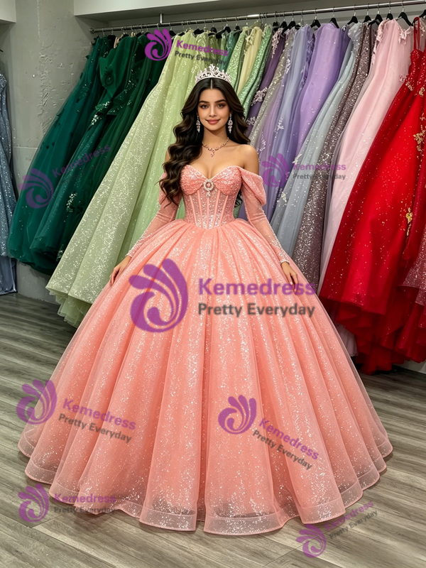 Pink Tulle Sequins Long Sleeve Quinceanera Dress