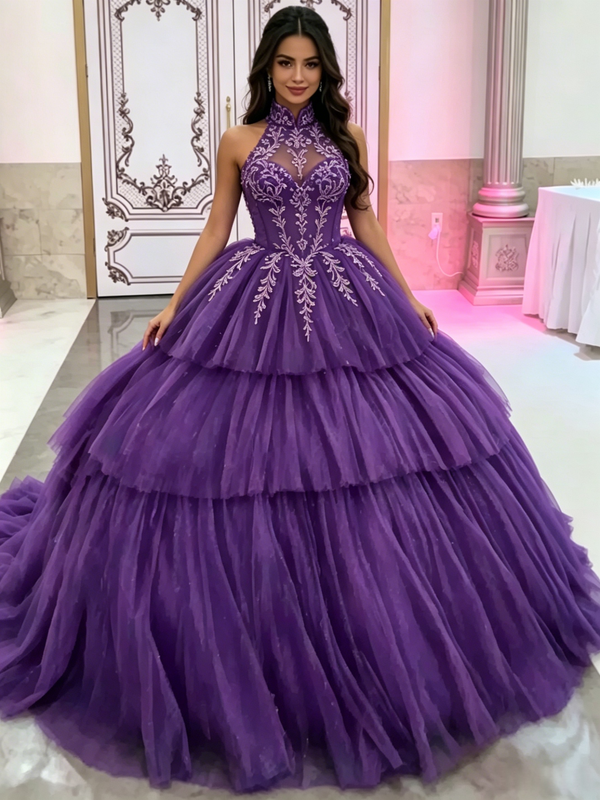 Purple Tulle Halter Appliques Quinceanera Dress