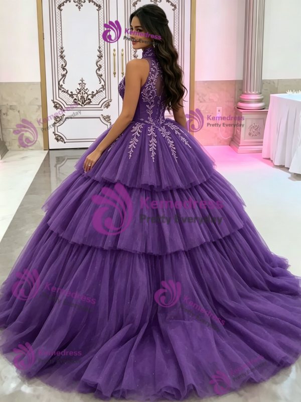 Purple Tulle Halter Appliques Quinceanera Dress