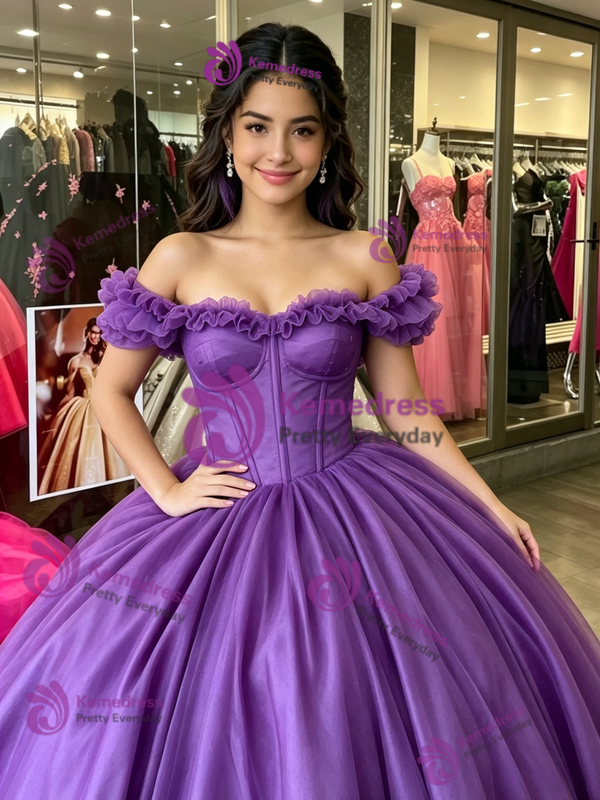 Purple Tulle Off the Shoulder Quinceanera Dress