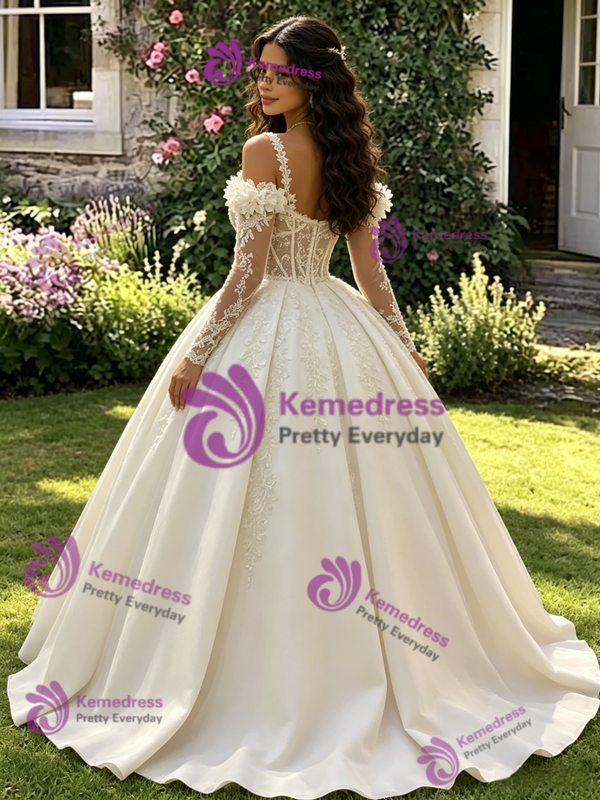 Ivory White Tulle Straps Long Sleeve Appliques Quinceanera Dress