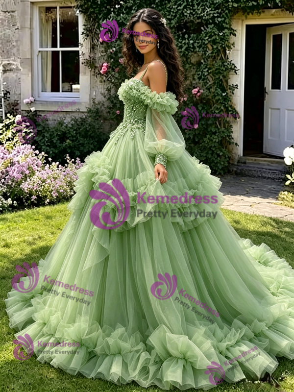 Green Tulle Sequins Straps Long Sleeve Quinceanera Dress