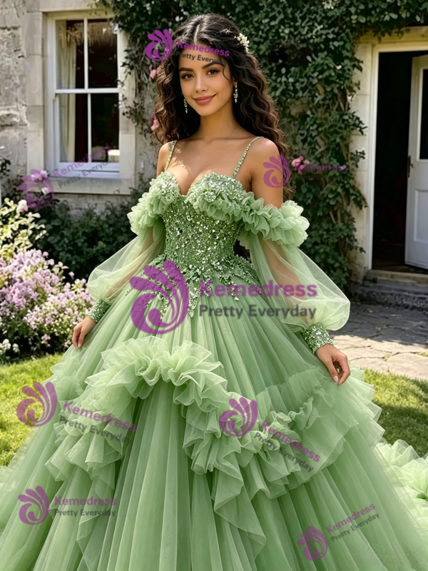 Green Tulle Sequins Straps Long Sleeve Quinceanera Dress