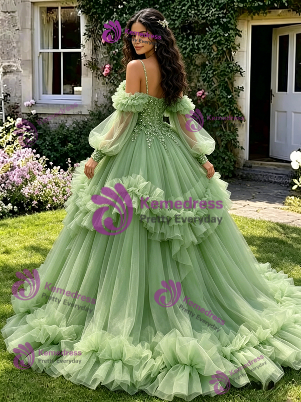 Green Tulle Sequins Straps Long Sleeve Quinceanera Dress