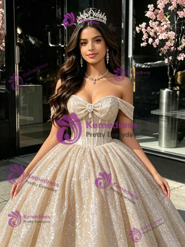 Champagne Sequins Off the Shoulder Quinceanera Dress