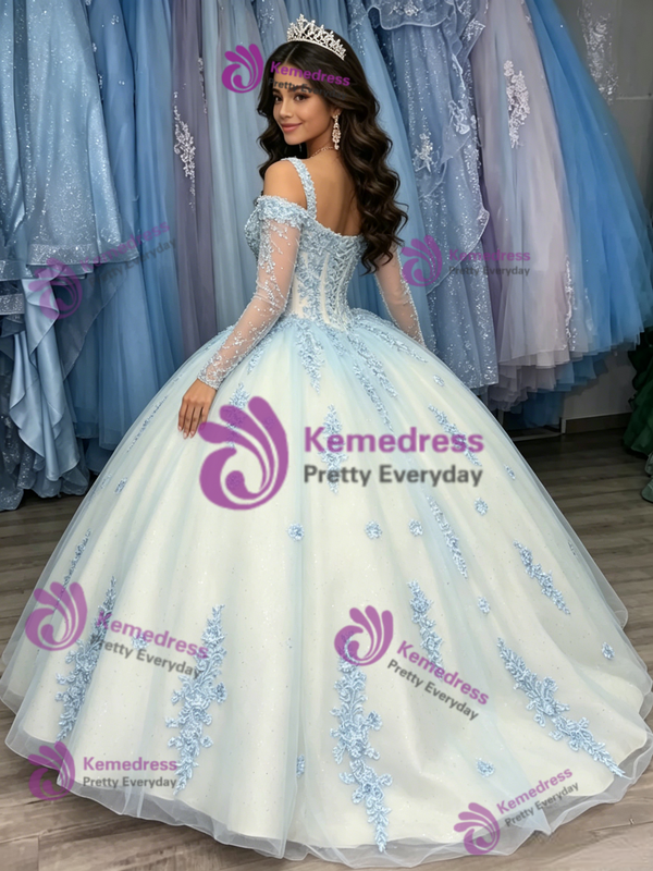 White Tulle Straps Appliques Long Sleeve Quinceanera Dress