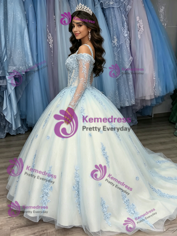 White Tulle Straps Appliques Long Sleeve Quinceanera Dress