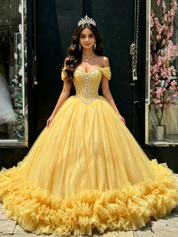 Yellow Tulle Off The Shoulder Beading Quinceanera Dress