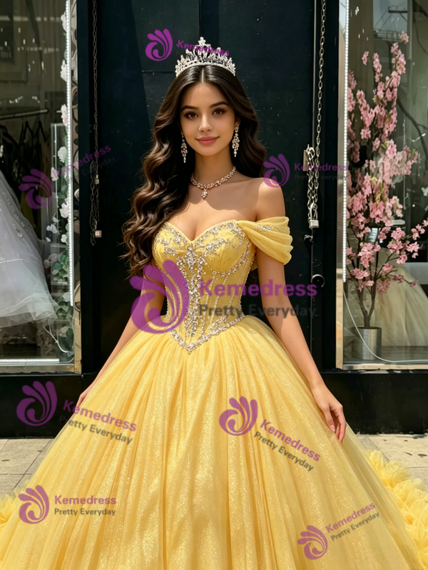 Yellow Tulle Off The Shoulder Beading Quinceanera Dress