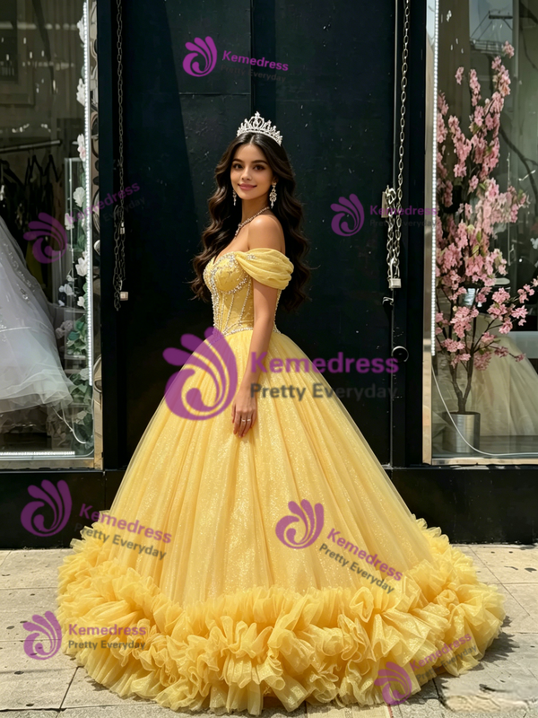Yellow Tulle Off The Shoulder Beading Quinceanera Dress