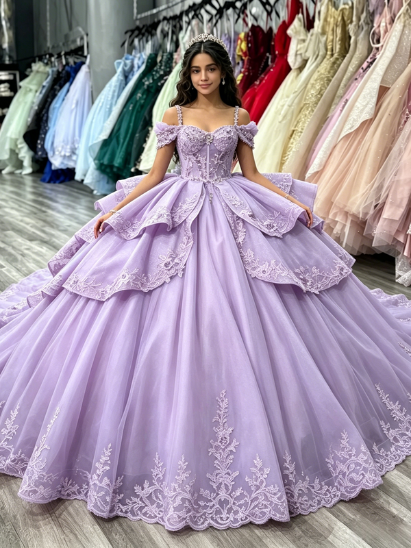 Purple Tulle Straps Lace Appliques Quinceanera Dress