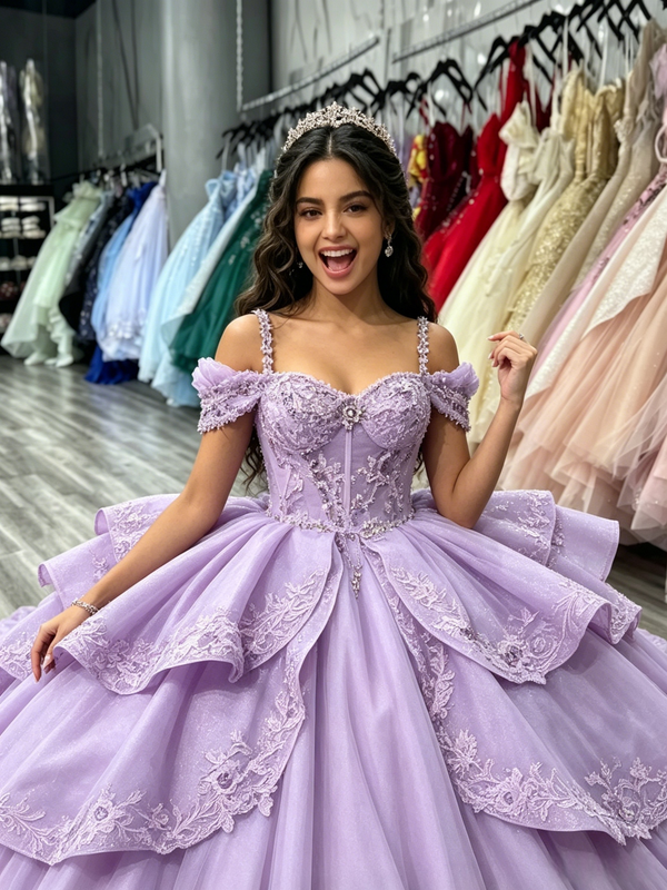 Purple Tulle Straps Lace Appliques Quinceanera Dress