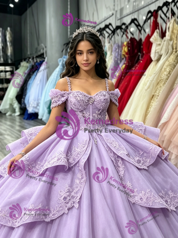 Purple Tulle Straps Lace Appliques Quinceanera Dress