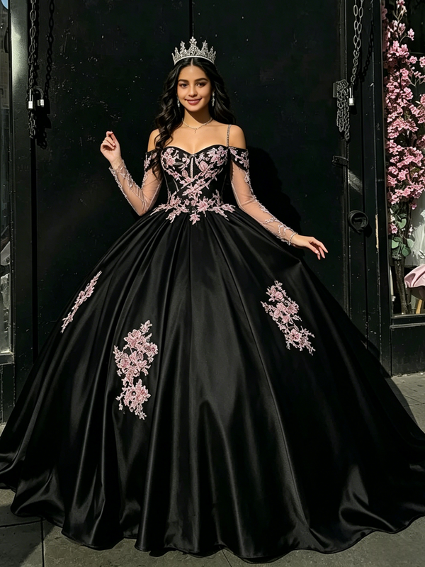 Black Satin Straps Appliques Quinceanera Dress